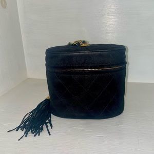 Authentic vintage Chanel black suede vanity shoulder bag!